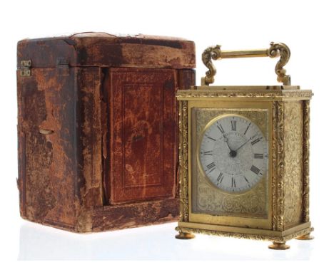 Fine English fusee carriage clock timepiece, the 2" silvered dial signed Brockbank &amp; Atkins, London 8542, within a gilt f
