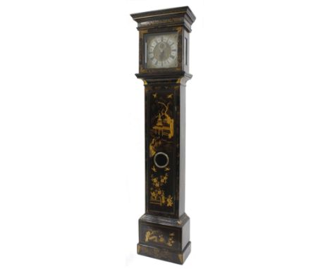 Good English black lacquer and chinoiserie decorated month going longcase clock with five pillar movement, the 11.75" square 