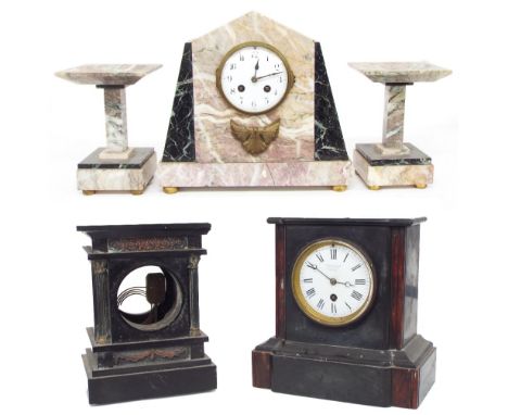French coloured marble two train mantel clock garniture striking on a bell, the 4" white dial within an Art Deco style case, 
