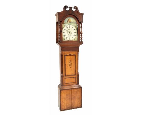 Oak and mahogany eight day longcase clock, the 13" painted arched dial signed D.L. Moses, Brynamman, with subsidiary seconds 