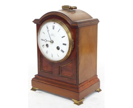 Small French mahogany two train bracket clock striking on a gong, the 4.25" white dial inscribed Examined by Dent 84 Cockspur
