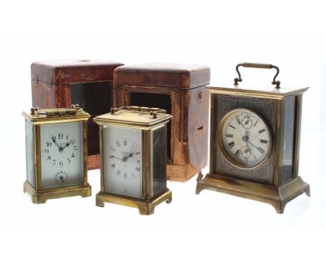 Seth Thomas carriage clock timepiece with alarm, the 2.75" dial with subsidiary seconds and alarm dials, within a metal stepp
