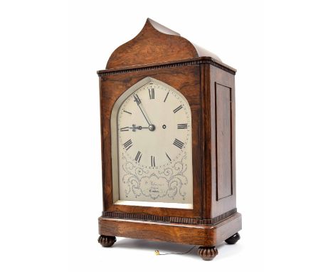Good English rosewood double fusee bracket clock signed W. Johnson, Strand, London, within a foliate cartouche beneath the ch