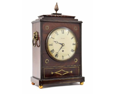 Mahogany single fusee mantel clock timepiece, the 6" white dial signed Colman, London, within a stepped case inlaid with geom