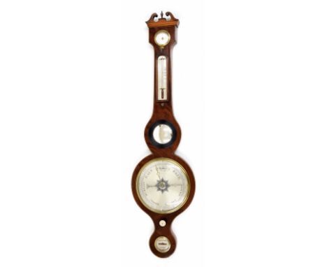 Mahogany five glass wheel barometer, the principal 8" silvered dial within a flamed case with boxwood and ebony banding, surm