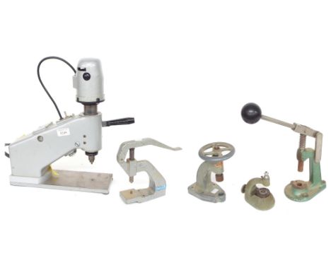 Fortex of Leicester 100 watt electric drill, within a light grey metal casing, 16.5" high; also four other various incomplete