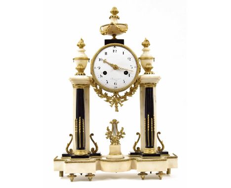 French white and black marble two train ormolu mounted portico mantel clock, the 4.75" white enamel dial signed Rouviere a Pa