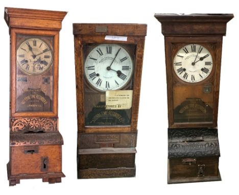 National Time Recorder Co. Ltd clocking-in clock, signed on the 9" dial and glazed door, within an oak case, 41.5" high (pend