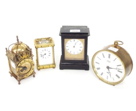 Small French VAP mantel clock timepiece, the 2.5" white dial within a foliate engraved mask, within an ebonised stepped case,