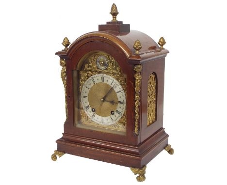 German ting-tang bracket clock, the 6.5" brass arched dial with silvered chapter ring enclosing a matted centre, with slow/fa