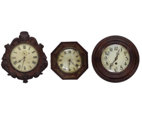 Mahogany single fusee 12" wall dial clock with recessed subsidiary dial, within a flat surround with deep foliate carved bord