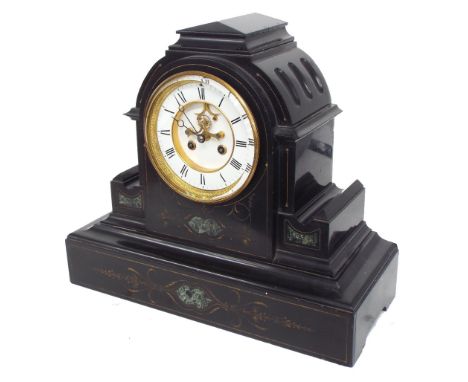 Large French black slate and green marble two train mantel clock striking on a gong, the 5.25" white chapter ring enclosing a