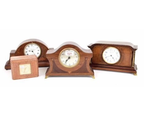 Three small mahogany inlaid mantel clock timepieces, tallest 6.5" high; also a small rectangular hinged box inset with a Smit