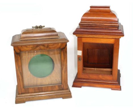 Contemporary mahogany bracket clock case with aperture for a 7" x 6" rectangular dial, with stepped caddy top, 16.5" high; al