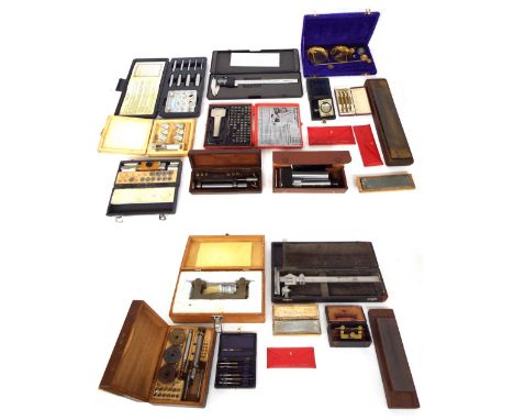 Large quantity of small cased clock tools, including scales, gauges, electronic digital caliper, punch and die set, brass dep