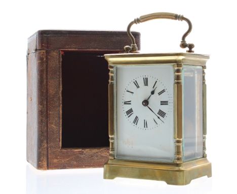 French carriage clock timepiece, the movement back plate bearing the trademark logo of Duverdrey &amp; Bloquel, within an unu