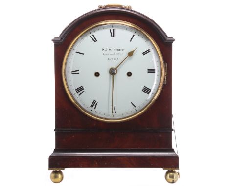 Good English mahogany double fusee bracket clock, the 7" convex white enamel dial signed D.& W. Morice Fenchurch Street, Lond