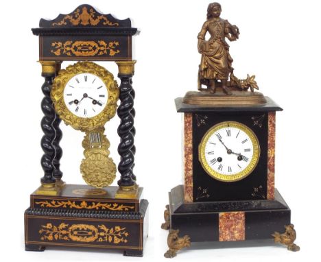 French ebonised and ormolu mounted inlaid portico two train mantel clock, the movement back plate signed Leroy á Paris no. 35