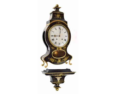 Swiss Neuchatel two train bracket clock striking on two gongs, the 8.5" convex white dial over an oval pendulum window and wi