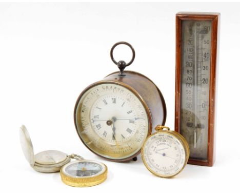 Interesting small drumhead clock/aneroid barometer with platform escapement, the 3.25" silvered barometer chapter ring enclos