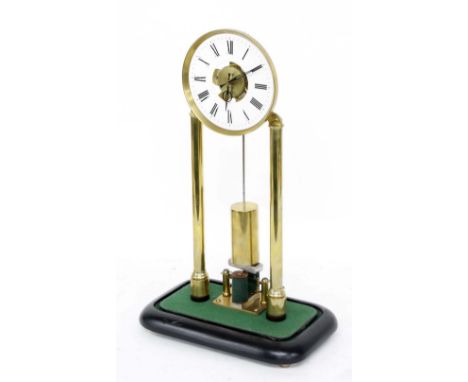 Elegant electric mantel clock timepiece, unsigned, the 4.75" white chapter ring enclosing a skeletonised centre, upon two cyl