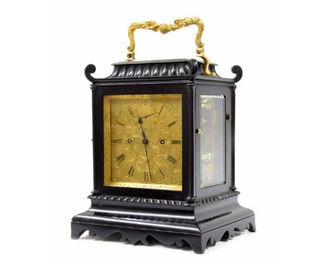 Fine small twin fusee library clock with chronometer escapement, unsigned, the 4.25" square gilded brass dial finely engraved