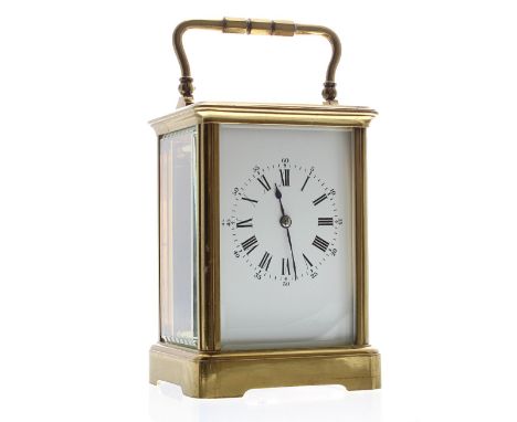 Large French carriage clock timepiece, the movement back plate bearing the trademark logo of Henri Jacot, no. 3398, within a 