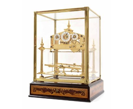 Reproduction brass Congreve rolling ball clock, the central minute chapter ring with open centre, flanked by smaller hour and