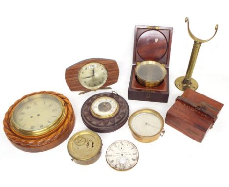 Small selection of chronometer parts including a movement, dial and case; also two barometers and two clocks