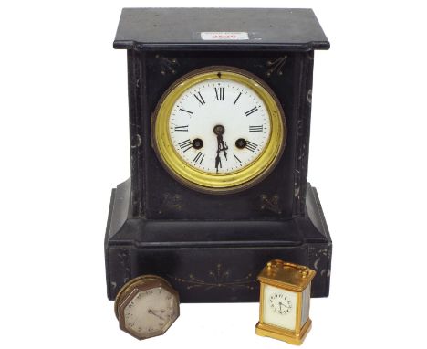 French black slate two train mantel clock striking on a bell (pendulum); also a miniature carriage timepiece within a cornich