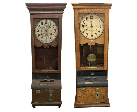 International Time Recording Co. Limited clocking-in clock, signed on the 10" cream dial, within a light oak glazed case, 44"