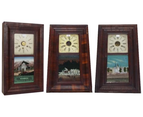 Chauncey Jerome rosewood cased ogee two train wall clock with central alarm over a tablet inscribed 'View in Rome, Italy' (pe