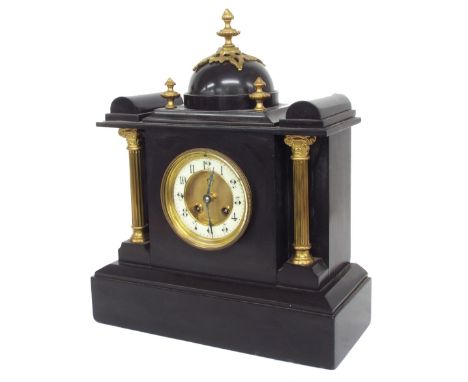 French black slate two train mantel clock, the Mougin movement striking on a gong, the 3.75" cream chapter ring enclosing a r