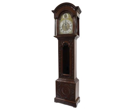 Good three train musical longcase clock, the 14" brass arched dial signed Coventry Lever Co. Limited, Birmingham on the silve