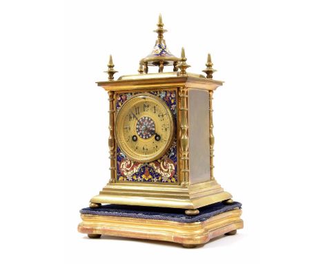 French brass and cloisonne two train small mantel clock striking on a gong, the 3" gilded chapter ring enclosing a foliate cl
