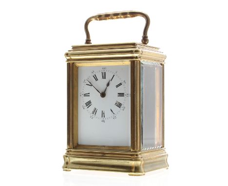 Carriage clock timepiece stamped on the movement back plate, base plate and case foot no. 22913, within a gorge brass case, 6