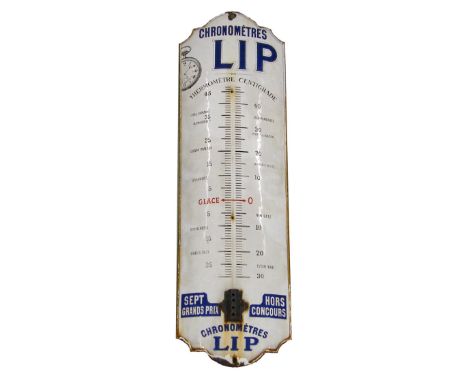 Good French bowed enamel advertising sign, inscribed to the top Chronometres, LIP over a thermometer scale, also inscribed un