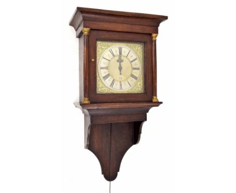 Good early hooded wall clock, the 10.5" square brass dial with silvered chapter ring signed Joseph Shepard, Sheffeild (sic) F