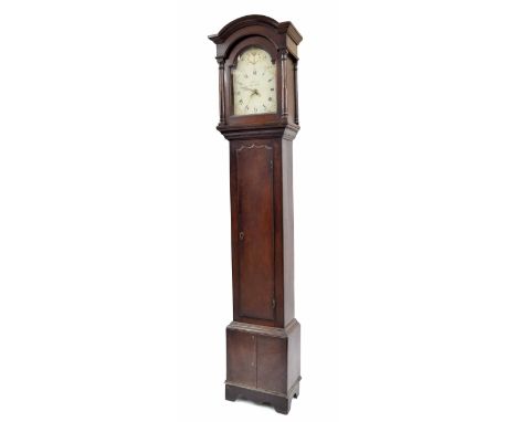 Oak thirty hour longcase clock, the 10" painted arched dial signed G. Stevens, Hindon, the case with long wavy top door and t