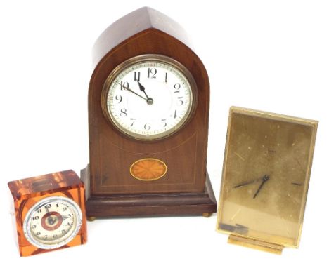French mahogany inlaid mantel clock timepiece, the 3.25" white dial within a lancet case, 8.75" high; also a contemporary Hel