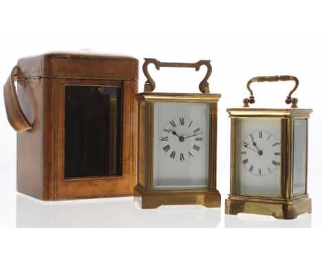 Carriage clock timepiece within a corniche style brass case, 6" high, with associated Morocco tanned leather travelling case;