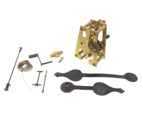 Brass single train four pillar turret clock movement, 10.5" high (with hands, pulley, winding handle and wire, but no pendulu