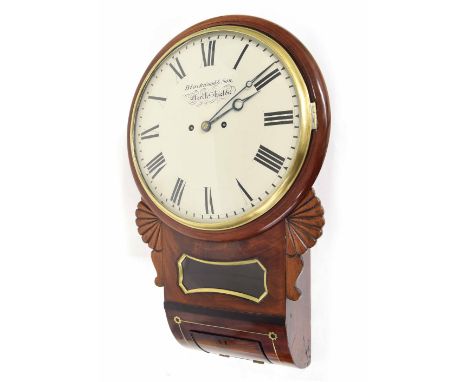 Good mahogany 12" convex double fusee drop dial wall clock, signed Blackwood &amp; Son, North Shields, within a turned surrou