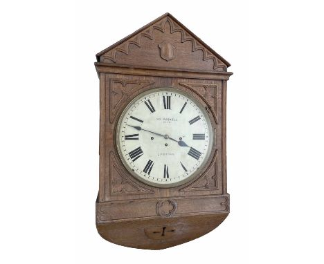 Large Gothic oak triple fusee wall clock, the 14" cream dial signed WM Roskell, Liverpool, no. 2206, the movement striking on