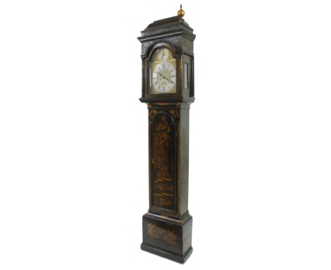 Good black lacquer and chinoiserie decorated eight day longcase clock, the 12" brass arched dial signed Fra: Redstal Overton 