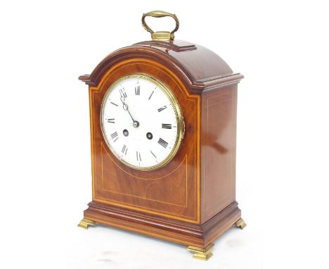 French mahogany two train mantel clock, the Samuel Marti movement striking on a gong, the 4.75" white dial indistinctly signe