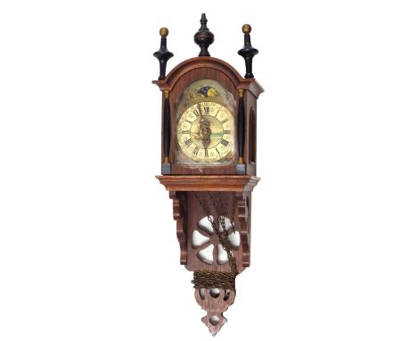 Small oak two train wall clock, the 4.5" painted arched dial with moon phase, within a hooded case with ebonised turned pilla