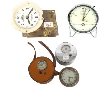 Blick National pigeon clock, the 1.75" dial with subsidiary dial within a hinged grey metal cylindrical case, with outer leat