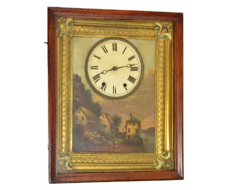 Interesting Black Forest two train wall clock striking on a gong, the 5.5" cream dial within a painted surround depicting fig