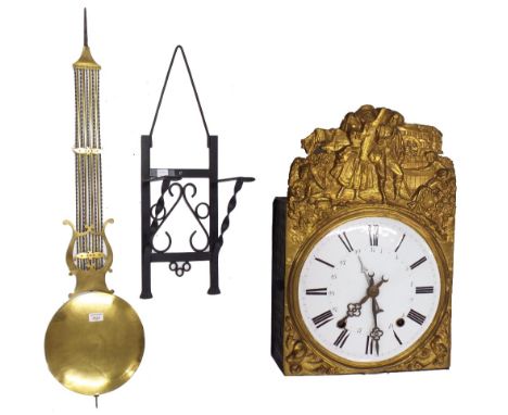 French Comtoise two train wall dial clock, the 9.25" convex white dial with Roman numerals enclosing a calendar chapter ring,